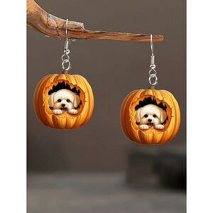 Fall Pumpkin Dog Dangle Earrings Lightweight Acrylic Puppy Drop Fashion Jewelry